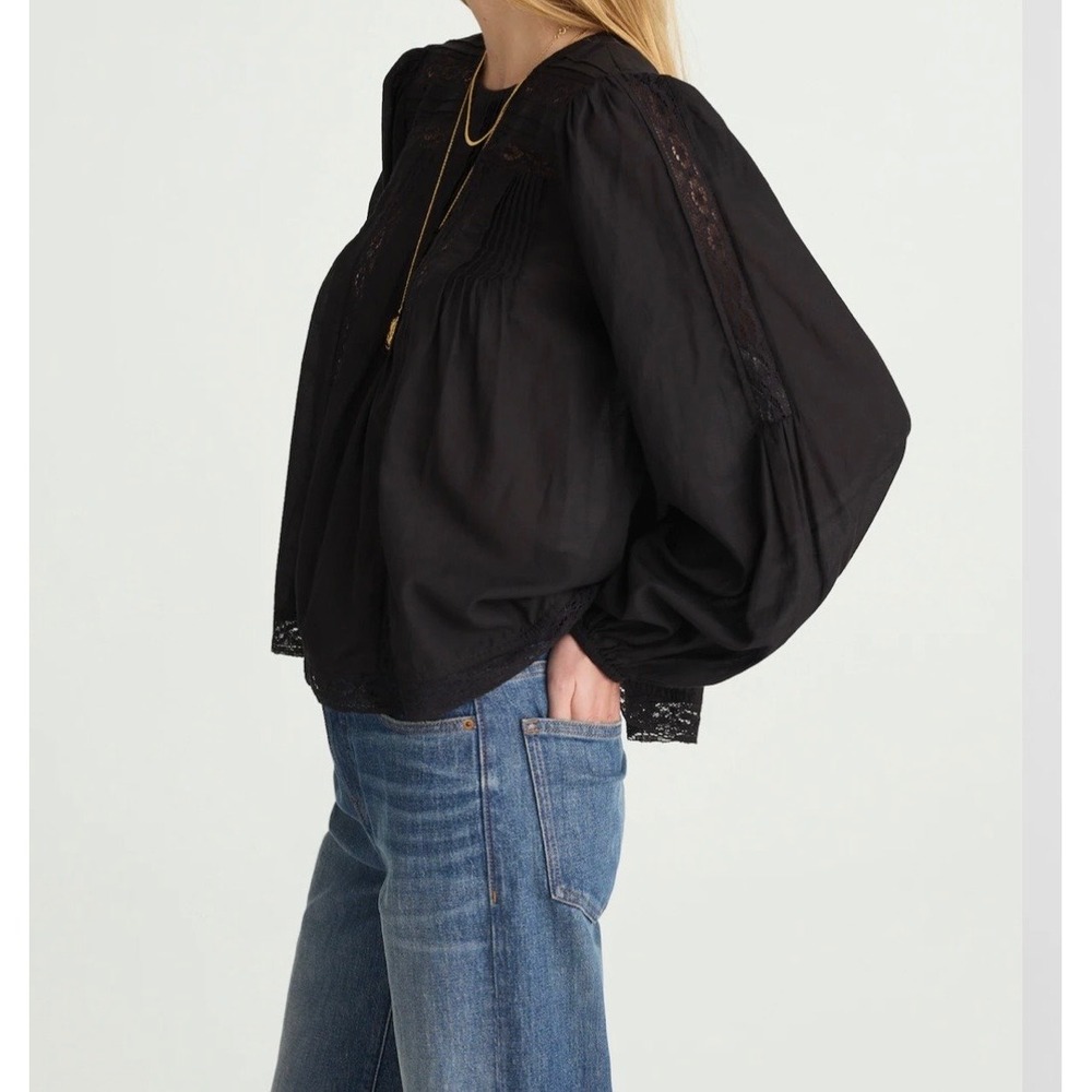 Madewell Black Lace-Insert Pintuck Long Sleeve Blouse Womens Size S NWT NW717 - Picture 2 of 13